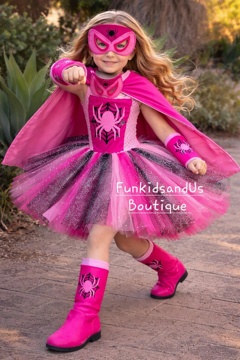 Roze spin superheldenkostuum voor meisjes - Sparkle Spidey Girl-kostuum - Gepersonaliseerde superheldjurkset afbeelding 8