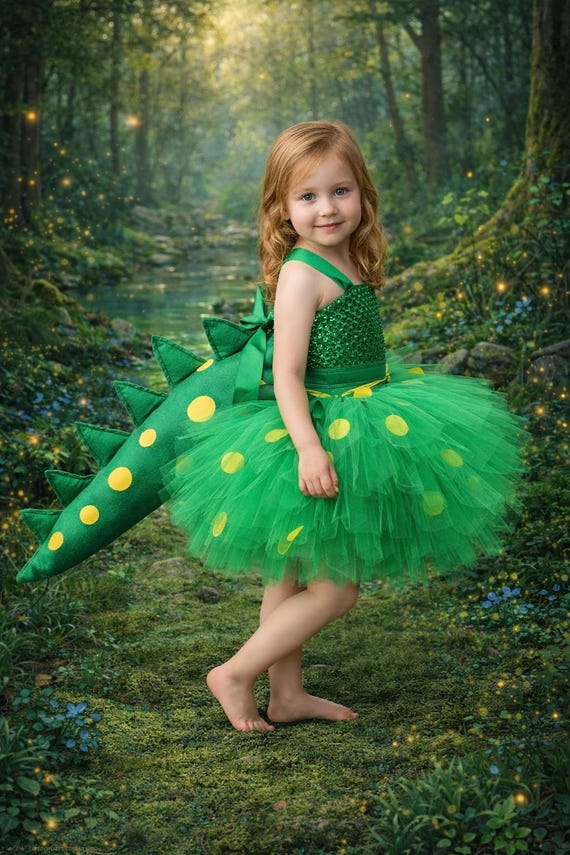 Green Dinosaur Tutu Dress: Handmade Dino Costume with Detachable Tail