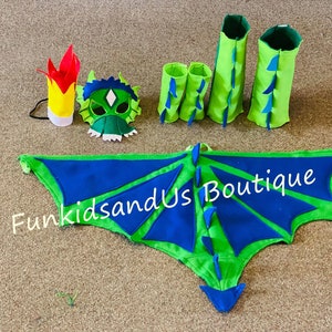 Dragon Costume Set for Kids – Green and Blue Winged Dragon Outfit with Mask, Wings, Tail & Flames – Toddler Fire-Breathing Dress Up Set