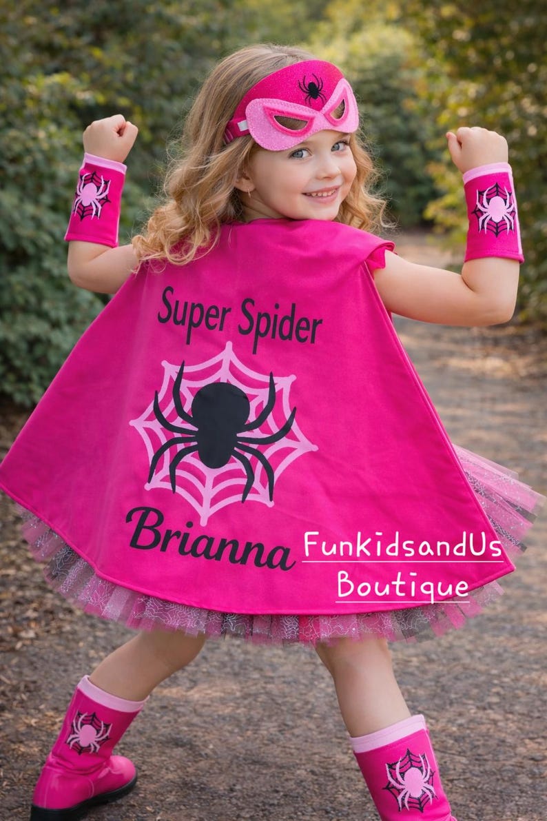 Roze spin superheldenkostuum voor meisjes - Sparkle Spidey Girl-kostuum - Gepersonaliseerde superheldjurkset afbeelding 3