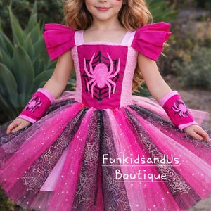 Roze spin superheldenkostuum voor meisjes - Sparkle Spidey Girl-kostuum - Gepersonaliseerde superheldjurkset afbeelding 7