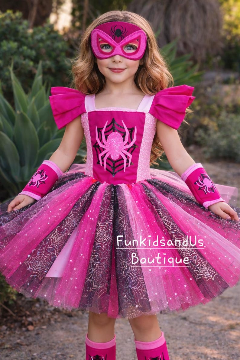 Roze spin superheldenkostuum voor meisjes - Sparkle Spidey Girl-kostuum - Gepersonaliseerde superheldjurkset afbeelding 7