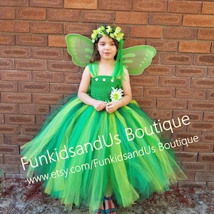 Garden Fairy Tutu Dress: Green Pixie Costume with Wings