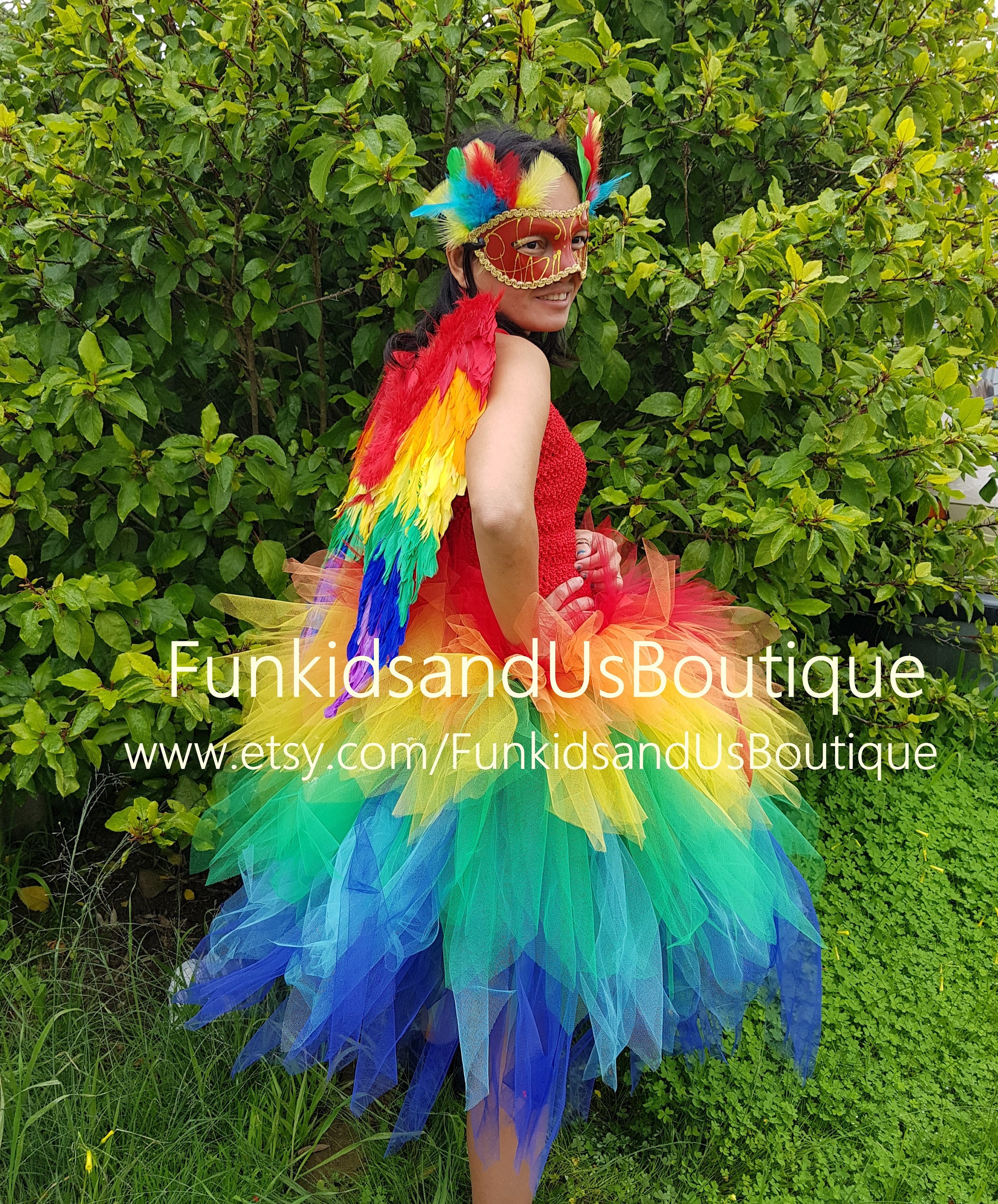 Rainbow Bird Costume Tutu Dress with Wings & Mask - Adult Teen Made to Order