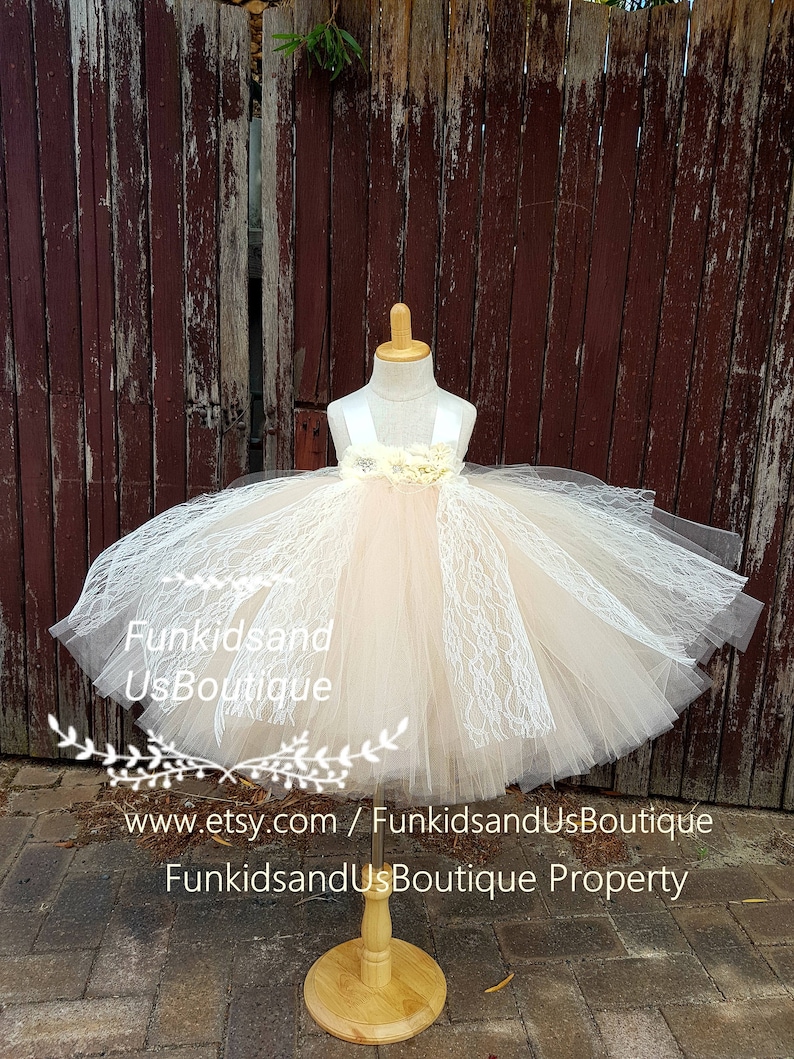 Champagne Flower Girl Dress Full Length Champagne Ivory Dress Vintage Lace Champagne Flower girl Tutu Dress