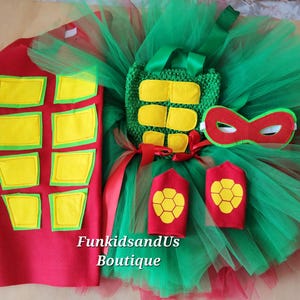 Costume da eroe tartaruga verde e rosso fatto a mano – Costume da tutù tartaruga per bambini – Set da vestire per bambina supereroina – Costume da festa con personaggio animale per bambini