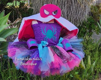 Vestido de tutú de superhéroe Spider Girl - Disfraz de superhéroe morado y verde azulado - Disfraz de fiesta de araña para niños - Vestido de tutú de superhéroe hecho a mano