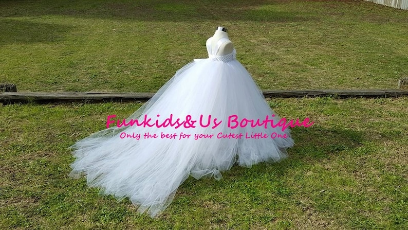 White Flower Girl Tutu Dress With PearlRhinestone Flower Embellishments with detachable Train Any colors