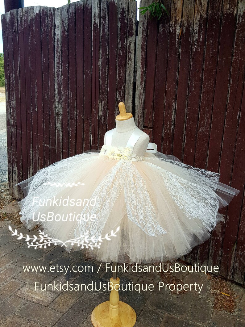 Champagne Flower Girl Dress Full Length Champagne Ivory Dress Vintage Lace Champagne Flower girl Tutu Dress
