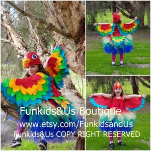 Déguisement tutu de perroquet pour fille - Déguisement d&#39;oiseau coloré avec ailes et chapeau - Robe d&#39;oiseau tropical pour enfant - Déguisement d&#39;animal arc-en-ciel d&#39;Halloween