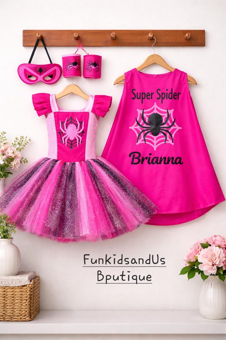 Roze spin superheldenkostuum voor meisjes - Sparkle Spidey Girl-kostuum - Gepersonaliseerde superheldjurkset afbeelding 5