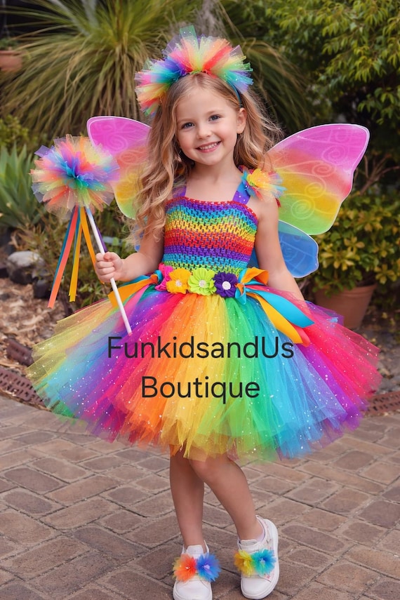 Rainbow Fairy Tutu Dress With Wings – Handmade Glitter Tulle Costume