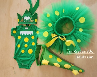 Costume de dinosaure : jupe tutu, chemise, couronne et queue - tenue d'anniversaire de dinosaure