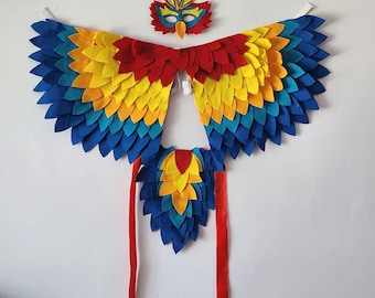 Macaw Parrot Costume: Felt Bird Wings, Mask, and Tail