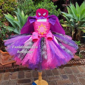 Pink Spider Girl Inspired Tutu Dress with Mask & Cape–  Girls Spidey Web Tutu Dress– Pink and Purple Spider insect  Halloween or Party Dress