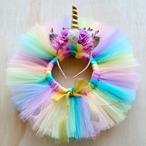 Pastel Rainbow Unicorn Skirt and Headband - Rainbow Tutu- Pastel Rainbow Skirt- Unicorn skirt with Unicorn Horn Flower Headband