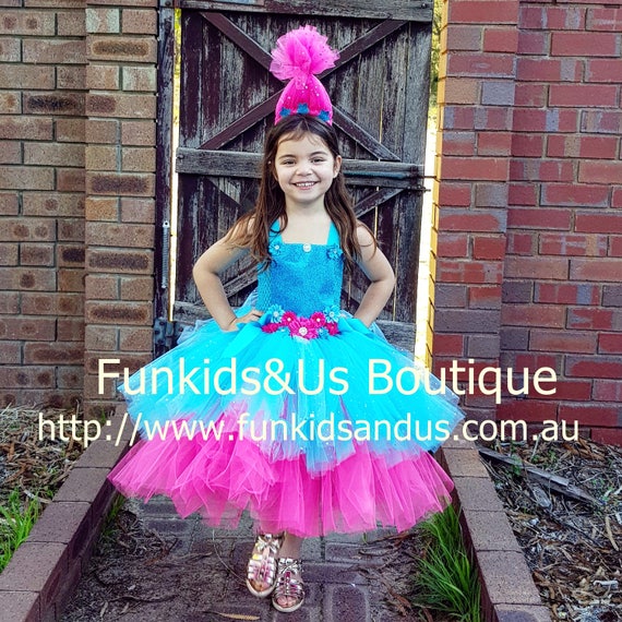 Turquoise & Hot Pink Tutu Dress with Headband: Troll Inspired Costume Turquoise & Hot Pink Tutu Dress with Headband: Troll Inspired Costume