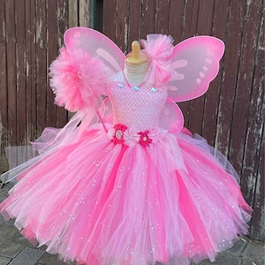 Sparkly Pink Fairy Tutu Dress Set: Wings, Wand & Headband