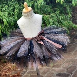 Leopard Print Tutu Skirt for Girls – Brown Black Sparkle Tulle Skirt with Satin Bow – Handmade Safari Party Outfit  –brown sparkle tutu baby