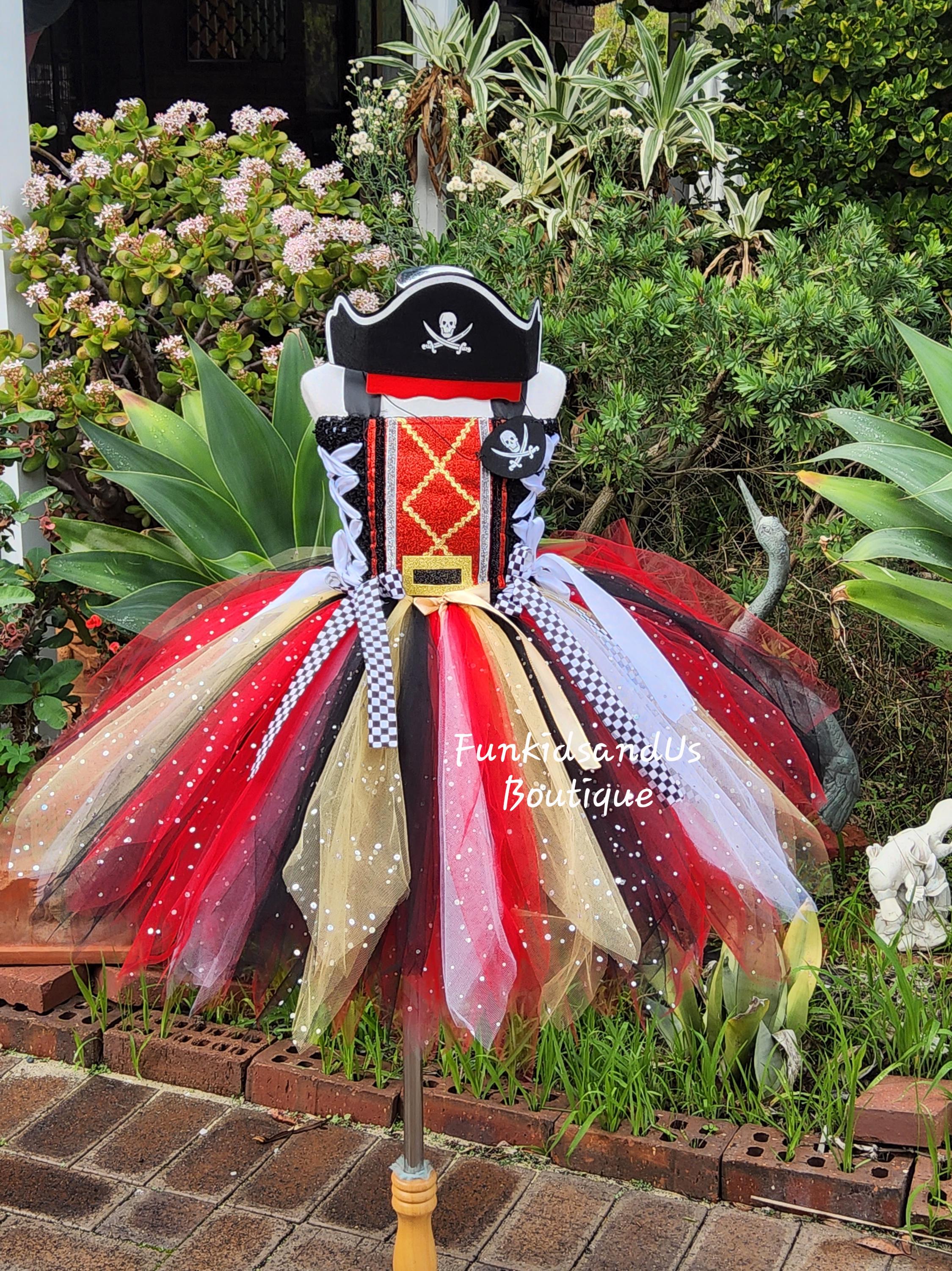 Pirate Tutu Dress for Girls - Sparkle Pirate tulle Dress with hat and eye patch- Red Gold Black Pirate Costume- Little Pirate Princess Tutu
