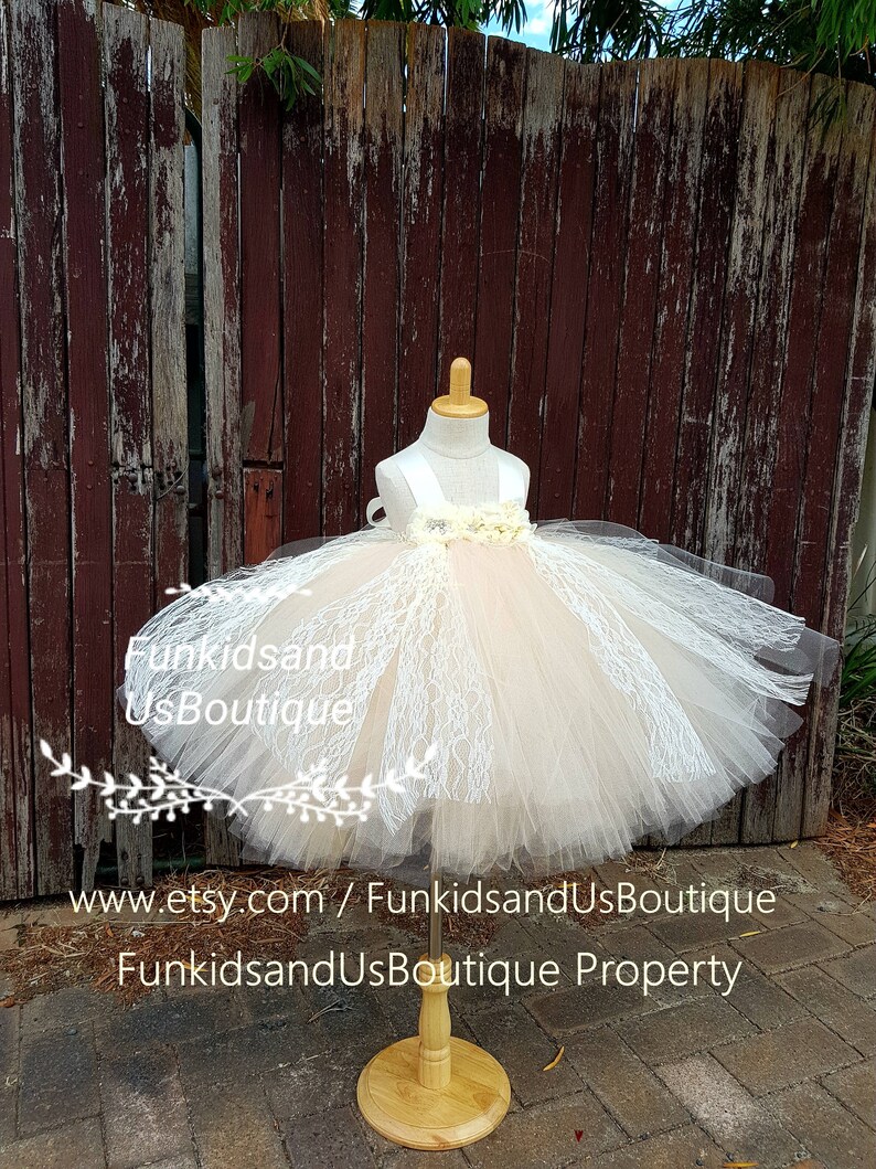 Champagne Flower Girl Dress Full Length Champagne Ivory Dress Vintage Lace Champagne Flower girl Tutu Dress