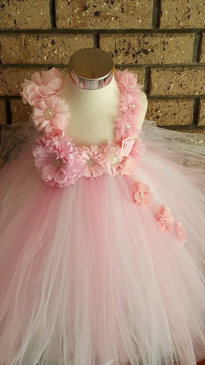 Perfectly White and Pink Flower Girl Full length Tutu Dress- Wedding Birthday Dresses-12 18 3T,4T Flower Girl Tutu Dress 24 Month 2T
