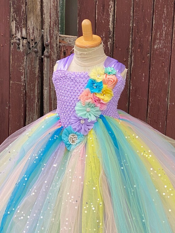 pastel rainbow tutu dress Handmade Pastel Rainbow Tutu Dress: Sparkly Fairy Ball Gown