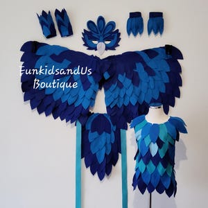 Blauer Vogel Kostüm-Set für Kinder- Blauer Vogel-Kostüm-Set für Kinder- Waldvogel-Anzieh-Set für Kinder- Vogel-Flügel und Feder-Shirt-Set