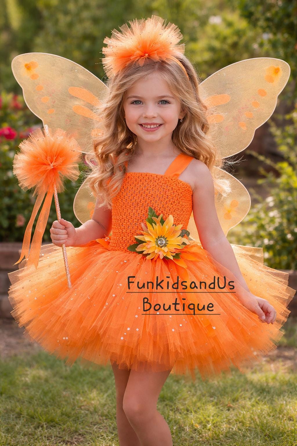 Orange Fairy Tutu Dress with Wings: Sparkly Flower Girl Costume Orange Fairy Tutu Dress with Wings: Sparkly Flower Girl Costume