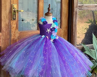 Deep Sea Mermaid Tutu Dress – Purple & Aqua Birthday Gown–Sparkly  Sea-Inspired Girls Party Outfit –Ocean Glow Mermaid Dress full length