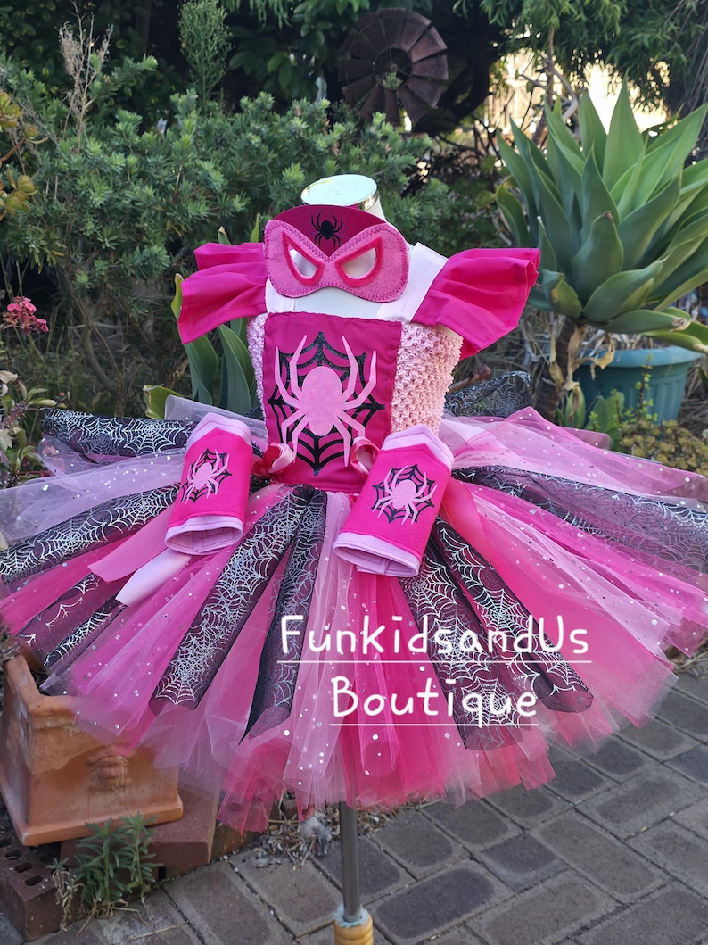 Roze spin superheldenkostuum voor meisjes - Sparkle Spidey Girl-kostuum - Gepersonaliseerde superheldjurkset afbeelding 12