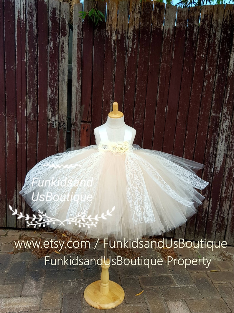 Champagne Flower Girl Dress Full Length Champagne Ivory Dress Vintage Lace Champagne Flower girl Tutu Dress
