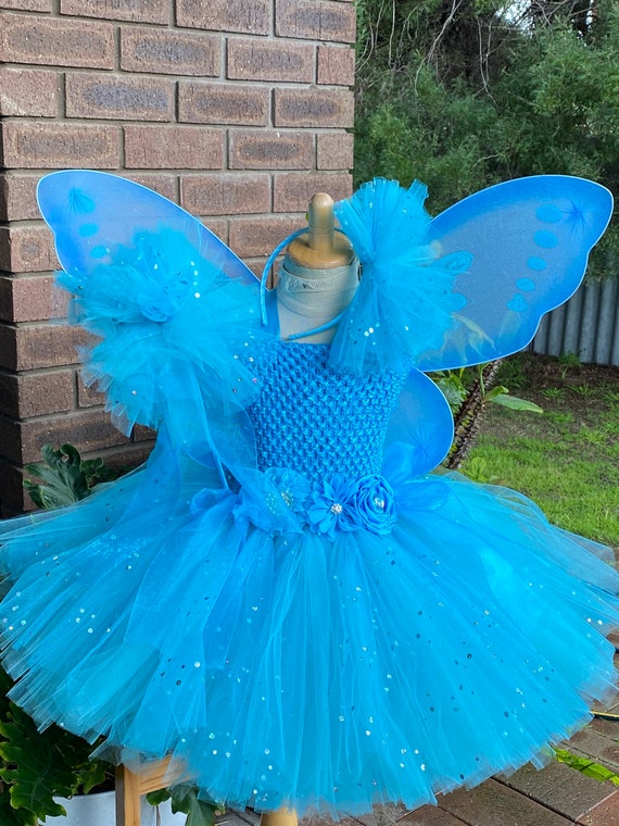 Robe De Fête Petite Fille Bleu Turquoise Papillons Jupe Tutu - Ref