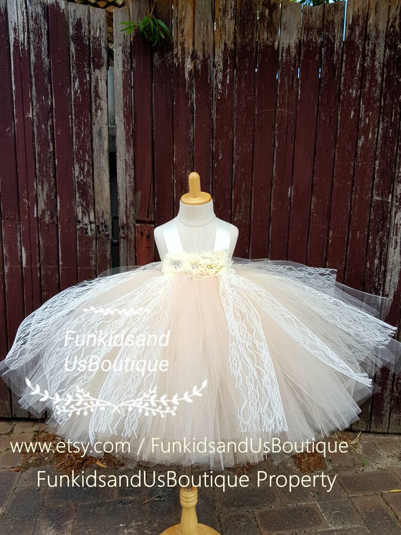 Champagne Flower Girl Dress Full Length Champagne Ivory Dress Vintage Lace Champagne Flower girl Tutu Dress