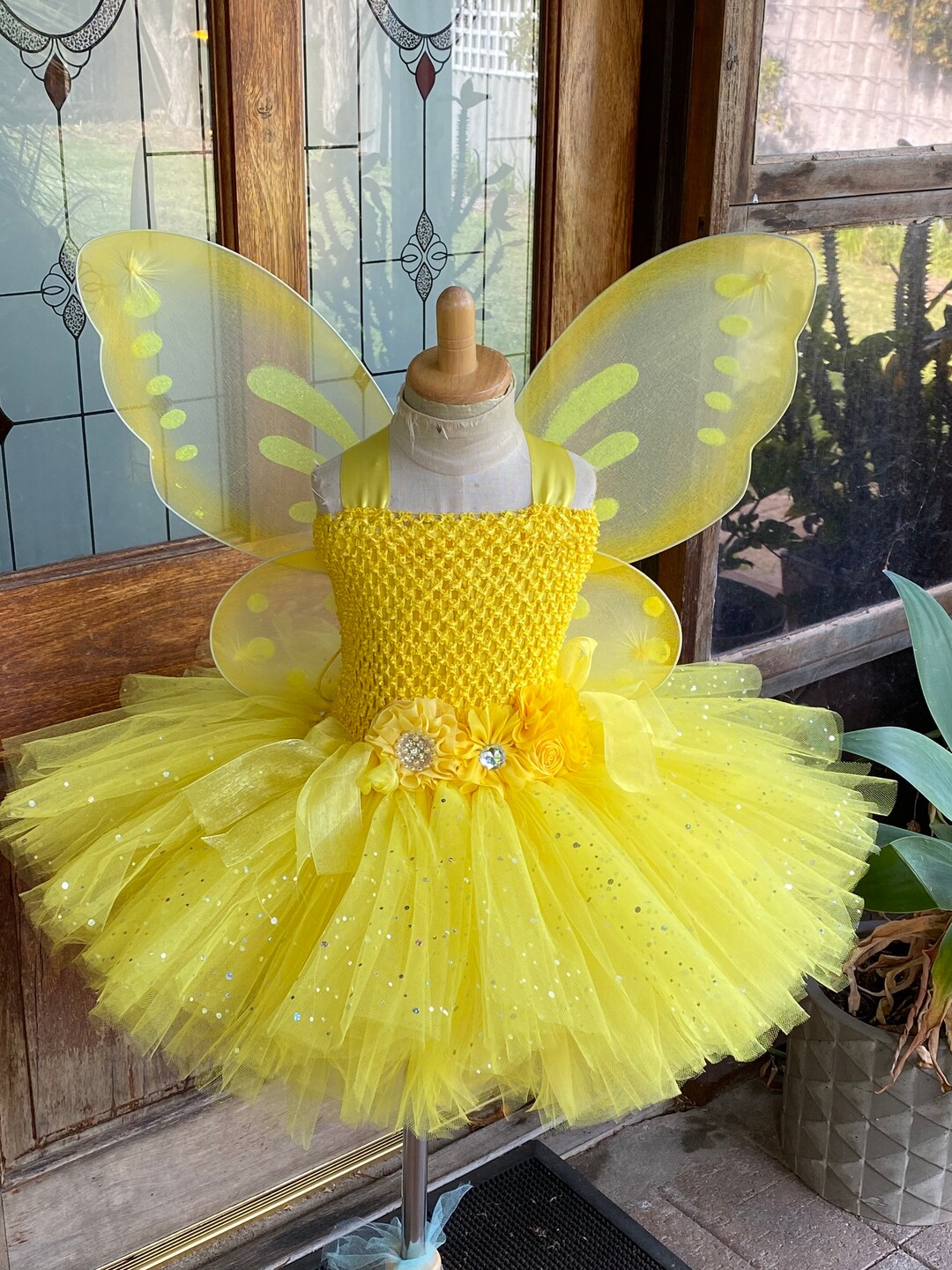 Yellow Glitter Tulle Fairy Tutu Dress with Wings & Headband