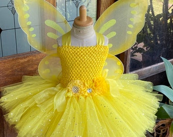 Yellow Glitter tulle Fairy Tutu Dress - Fairy Tutu Dress with wings- yellow tutu - Yellow dress -Yellow knee length dress