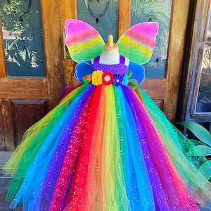 Sparkle Rainbow Tulle Dress - Girls Summer Fairy Costume with Wings- Sparkle Rainbow Tulle Dress - Girls magical party dress