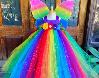 Sparkle Rainbow Tulle Dress: Girls Fairy Costume with Wings