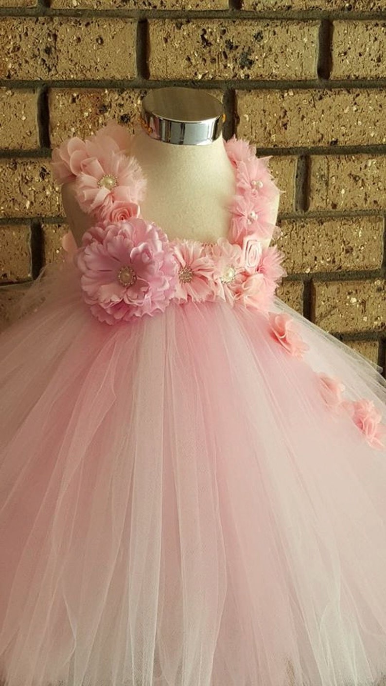 Perfectly White and Pink Flower Girl Full length Tutu Dress- Wedding Birthday Dresses-12 18 3T,4T Flower Girl Tutu Dress 24 Month 2T
