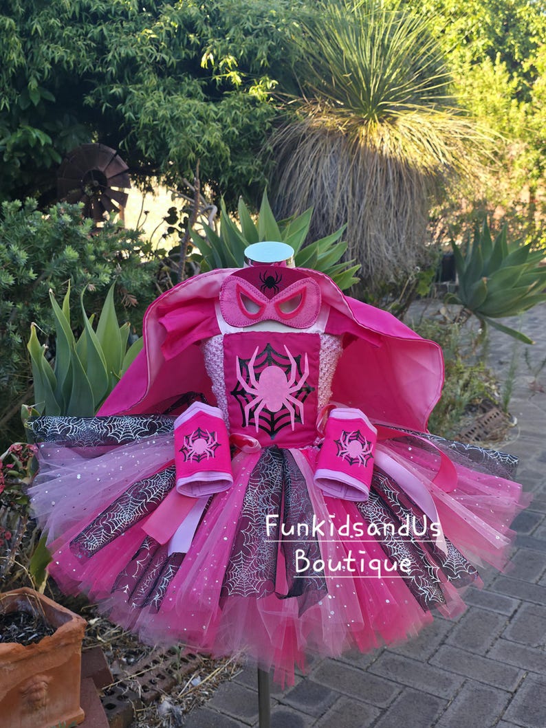 Roze spin superheldenkostuum voor meisjes - Sparkle Spidey Girl-kostuum - Gepersonaliseerde superheldjurkset afbeelding 13
