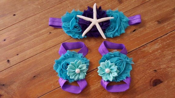 Mermaid Baby Barefoot Sandals Headband Set Under the Sea Photo Props Mermaid Baby Barefoot Sandals Headband Set Under the Sea Photo Props