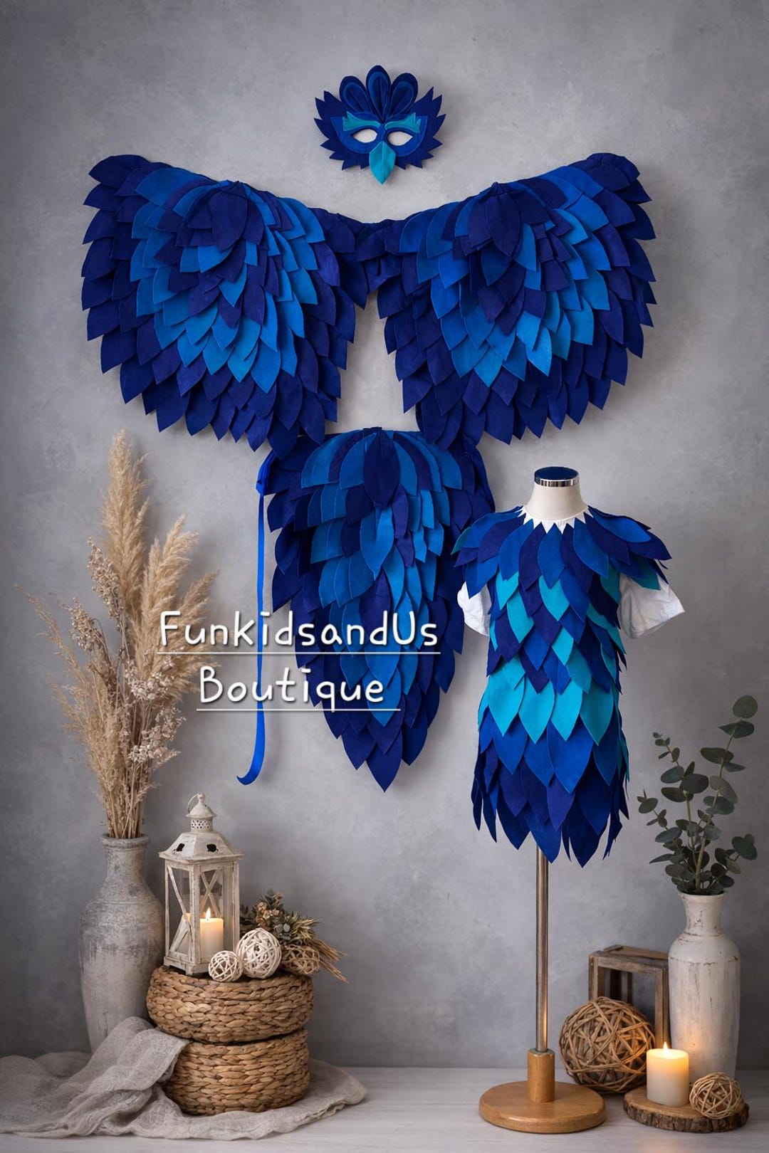 Blue Peacock Bird Costume Set – Felt Feather Wings, Tail, Mask for Kids ...