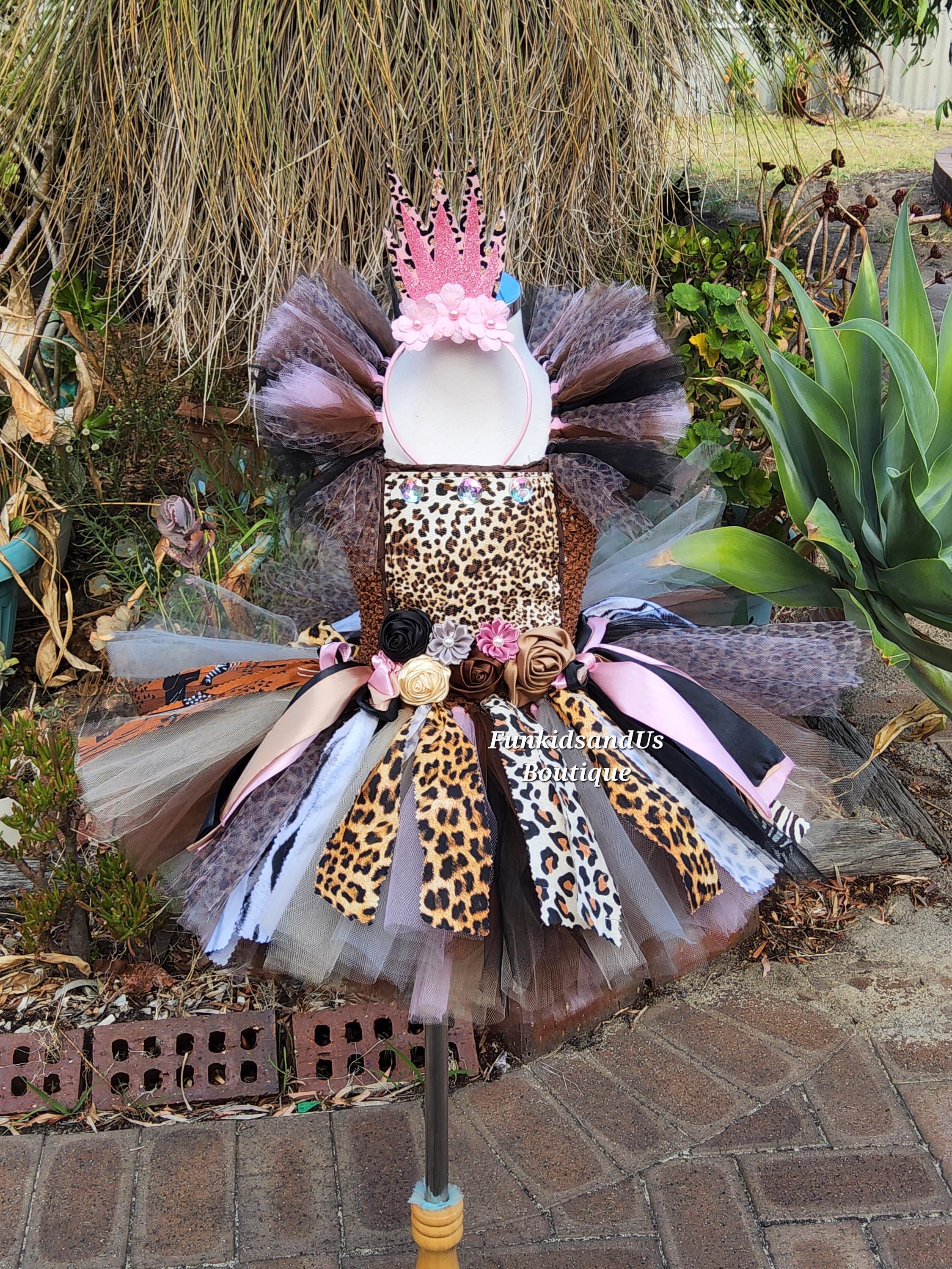 Safari Princess Tutu Dress with Crown- Pink Brown Animal Print Jungle Theme Birthday Outfit- Toddler Girl Wild One Costume - Safari Dress