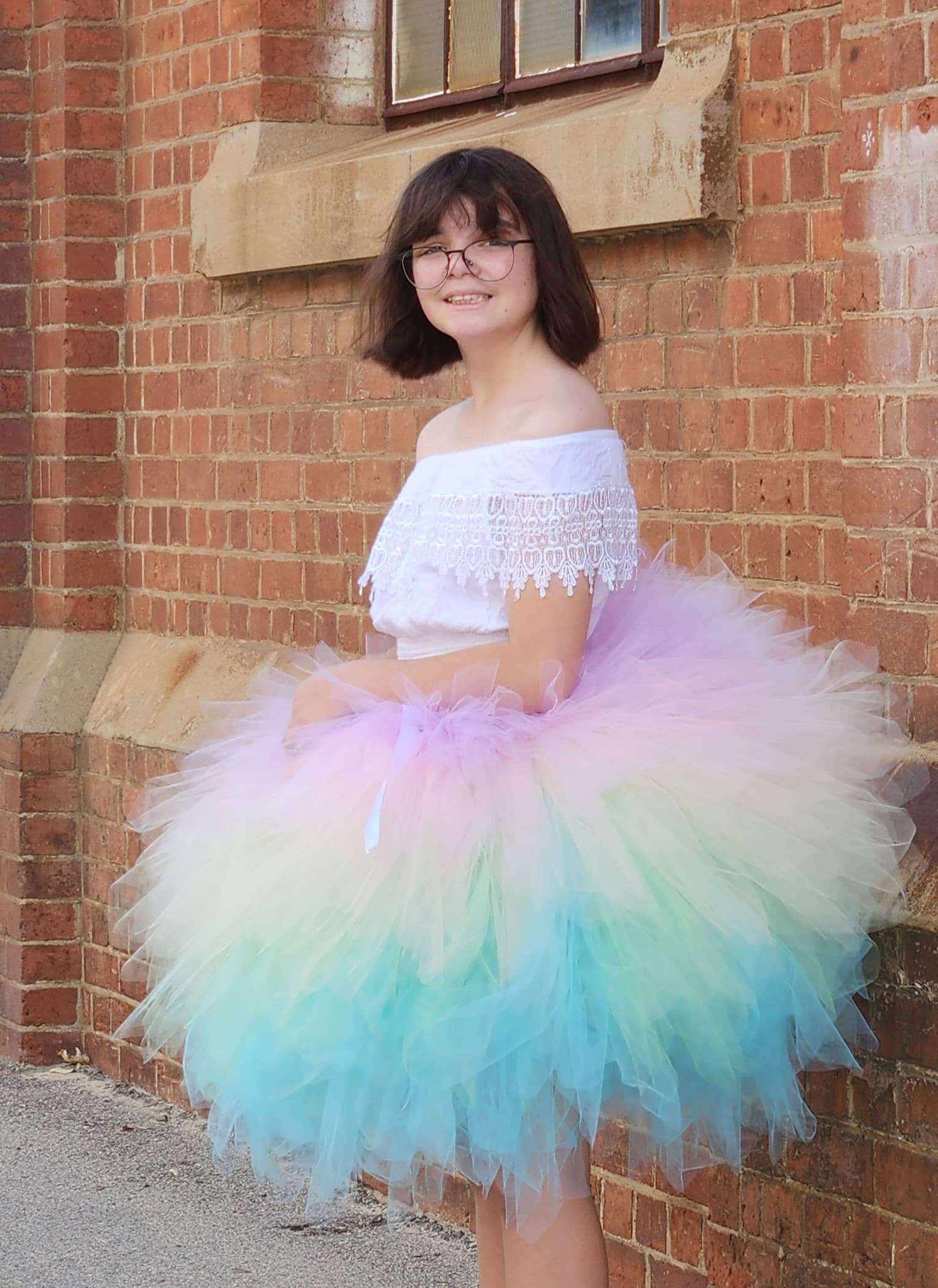 Pastel Rainbow Tulle Mini Skirt with Mint Belt RAINBOW TULLE SKIRT by HUXBABY | Kids Fashion | Mini Dreamers main image 3