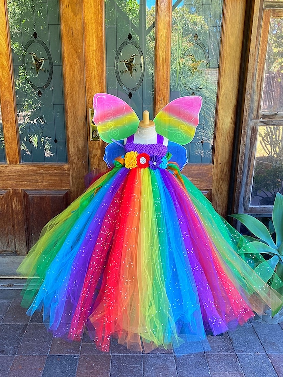 fairy glitter dress Sparkle Rainbow Tulle Dress: Girls Fairy Costume with Wings