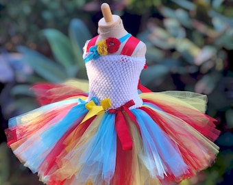 Vestido de tutú de carnaval: tul rojo, azul y amarillo, disfraz de circo