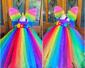 Rainbow Fairy Tutu Dress with Wings - Rainbow  Fairy Dress - Fairy Dress Birthday Costume - Rainbow tutu