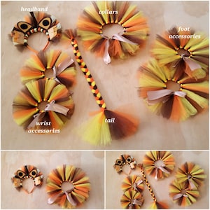 Handgefertigter Löwe Kostüm Zubehör Set- Stirnband, Schwanz, Halsband, Handgelenk & Fuß Tüll Accessoires - Baby Tier Safari Kostümzubehör