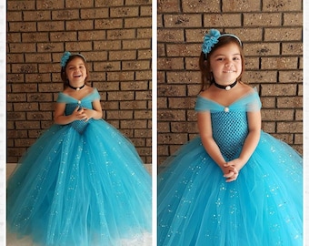 BLue Flowergirl Tutu Dress- Ball Gown tutu Dress- Jr. Bridesmaid, birthday, pageant Dress- Turquoise Glittery tulle   dress