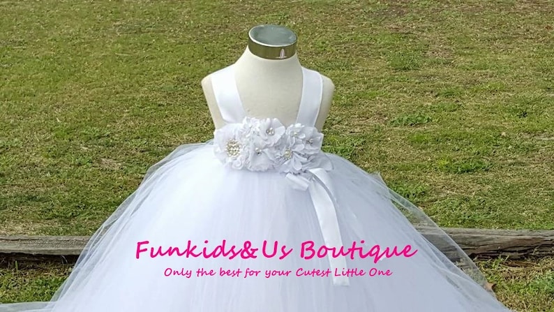 White Flower Girl Tutu Dress With PearlRhinestone Flower Embellishments with detachable Train Any colors
